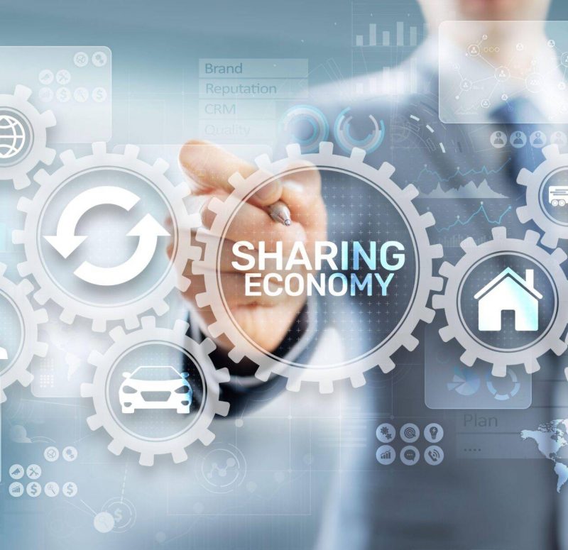 Sharing economy, innovation and future business technology concept on virtual screen. 2H60JF1 Sharing economy, innovation and future business technology concept on virtual screen.
